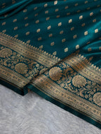 Banarasi Satin Silk Saree Booti Pattern in Deep Teal Shades SS03